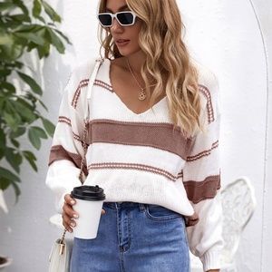 V Neck Drop Shoulder Striped Sweater